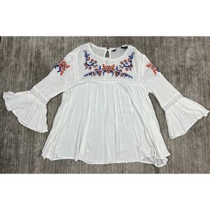 Life Style Top Womens Petite Medium White 3/4 Sleeve Boho Lace Flowy